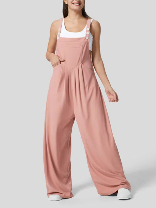 Women`s loose solid colour Button Pocket Overalls