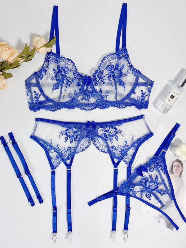 Women's Embroidered Perspective Belt Hollow lingerie Set