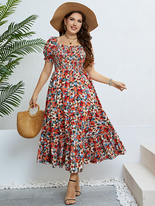 Plus size Women's Summer floral one-shoulder waist slim Fit Dress