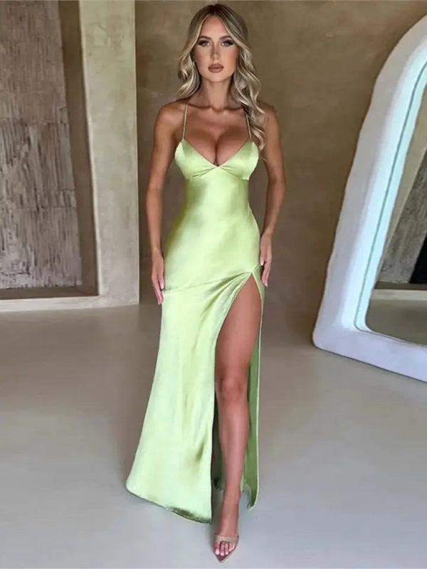 Women's Suspender V-neck Satin Slit Backless Long Dress