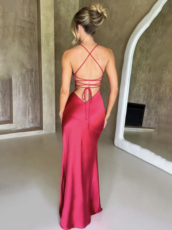 Women's Suspender V-neck Satin Slit Backless Long Dress