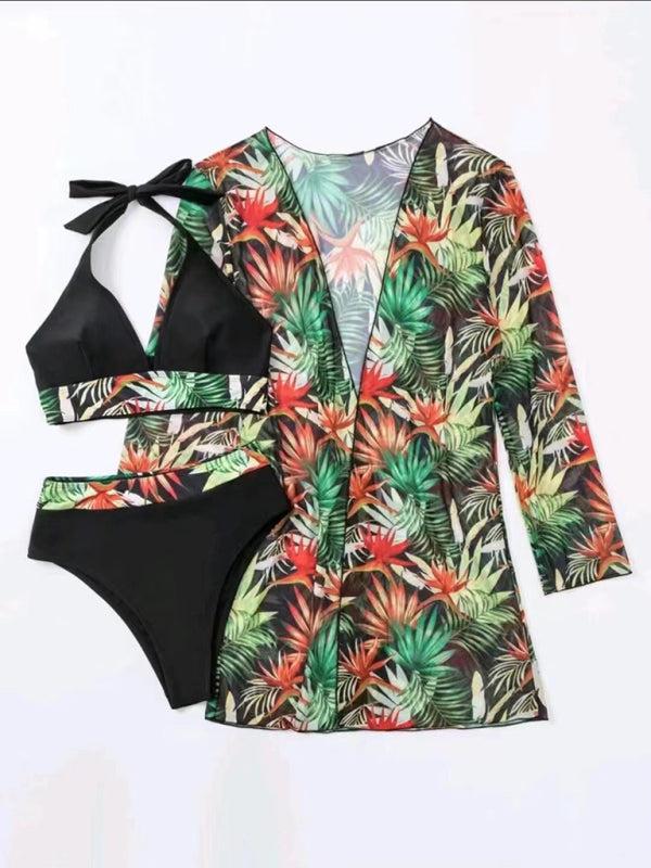 Women's Bikini push-up split printed mesh Three-piece Set