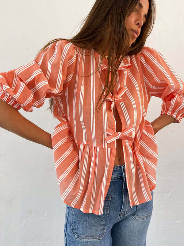 Women's Striped lace mid-sleeve loose Patchwork Shirt