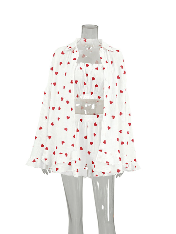 Women's Tube Top and love printed Home wear Pyjamas Three-piece Set