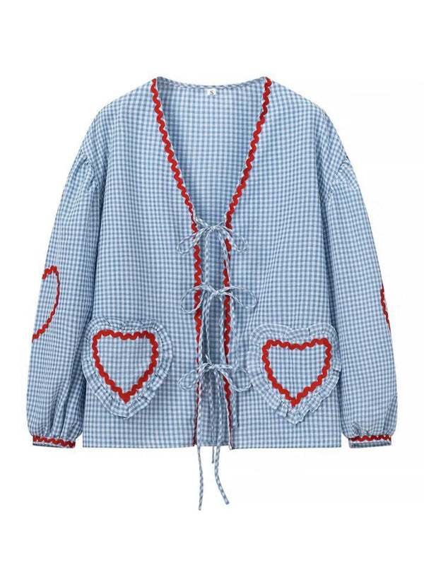 Women's  Love Heart Pocket Plaid Long Sleeve Shirt