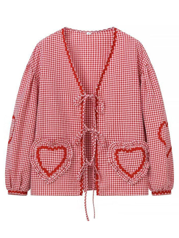 Women's  Love Heart Pocket Plaid Long Sleeve Shirt