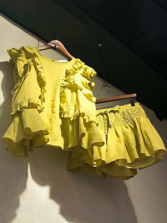 Women's Loose Ruffled Patchwork short-sleeved Top and Skirt Set