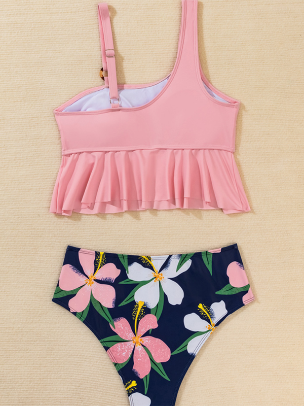 Women's Split High waist Bikini Ruffle leaf print multicolour Swimsuit