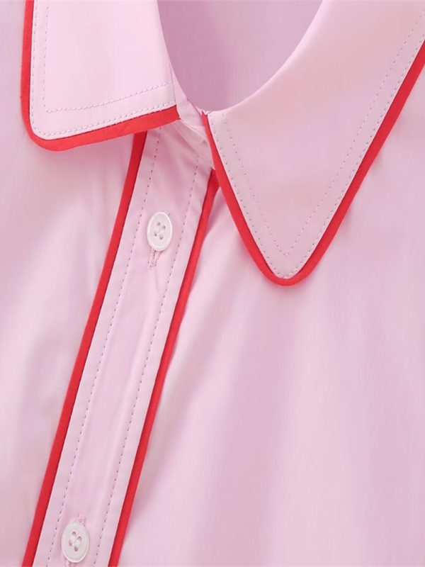 Women's lapel single-breasted pocket long-sleeved Shirt contrast Set