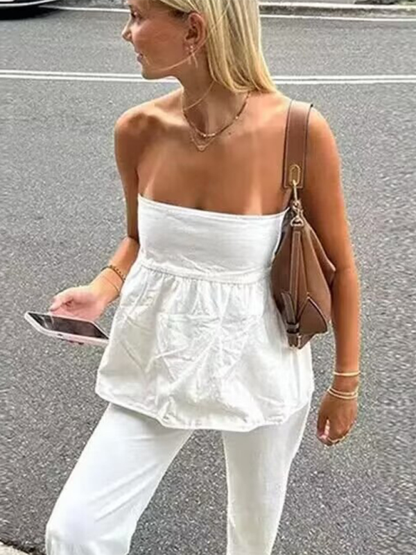 Women's One-shoulder Pleated solid colour Sleeveless Tube Top