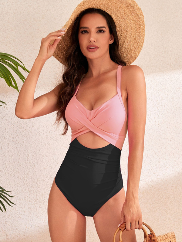 Women's Hollow solid colour High waist One-piece Swimsuit