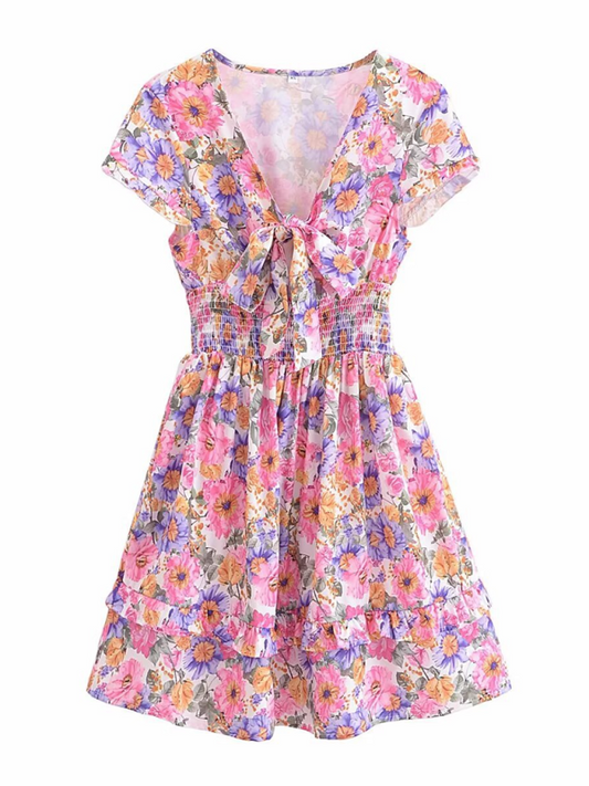 Women's French floral chest tie waist stitching A-line Short-sleeved Dress