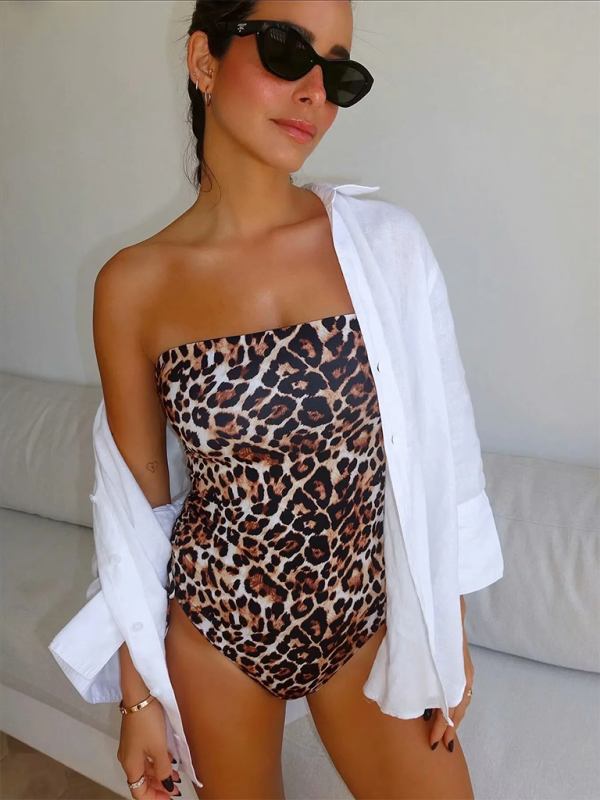 Women's Animal Print Slim Fit Bandeau One-piece Swimsuit