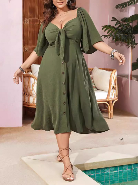 Plus size Women Bow V-neck short-sleeved Dress