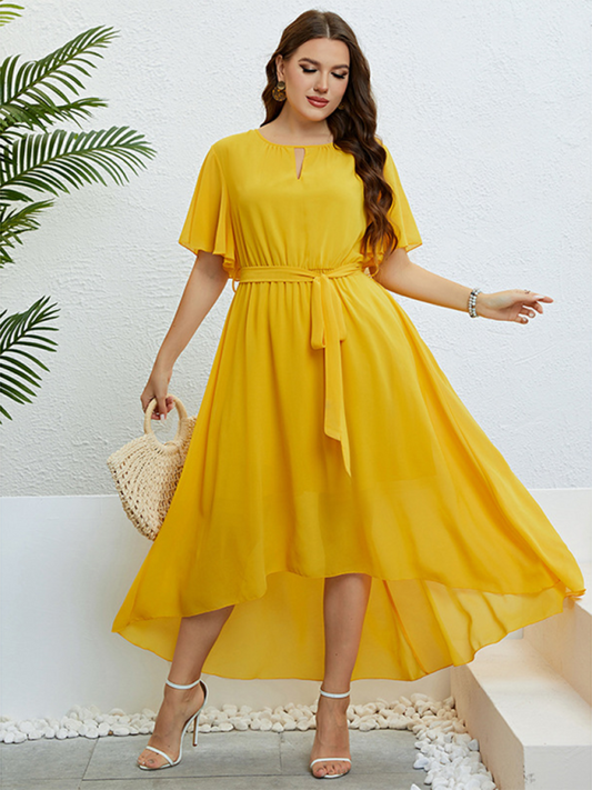 Plus size women's Yellow V-neck straps waist Dress