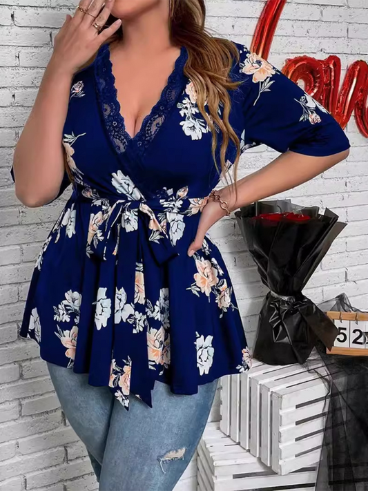 Plus size Women's new printed V-neck lace Shirt Top