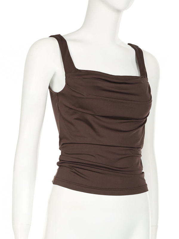 Women's Solid Colour Pleated Square Neck Versatile Simple Camisole