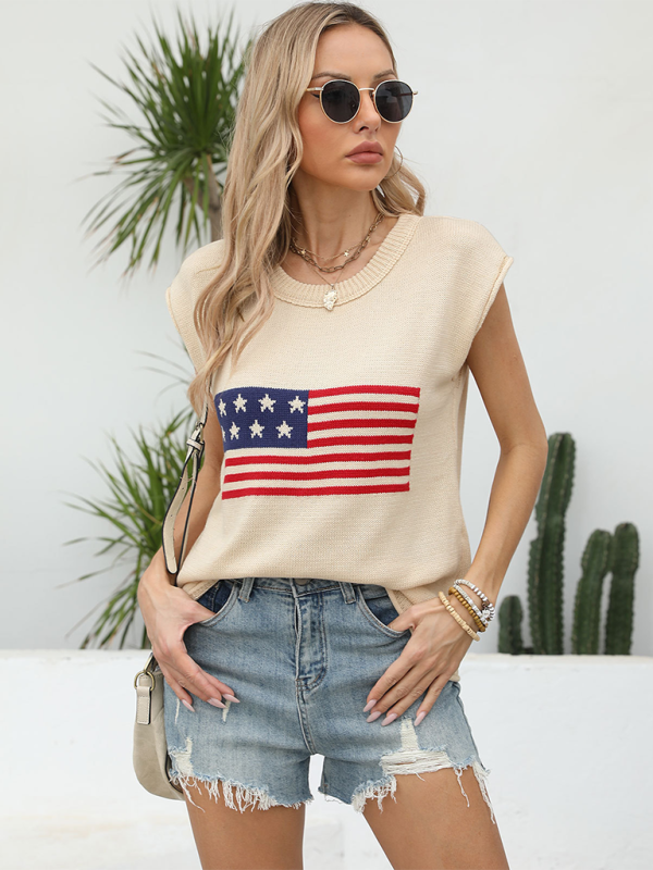 Women Independence Day Round Neck American Flag Knit Short Sleeve Sweater