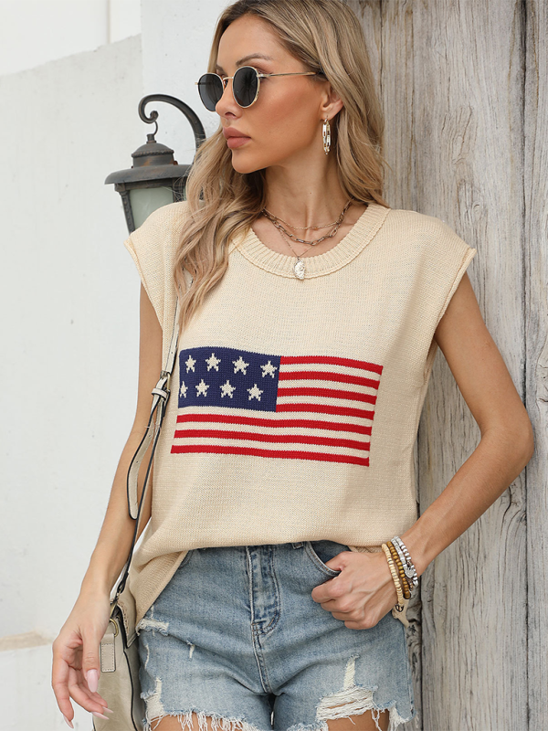 Women Independence Day Round Neck American Flag Knit Short Sleeve Sweater