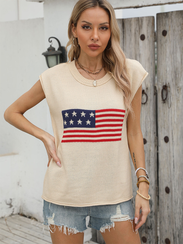 Women Independence Day Round Neck American Flag Knit Short Sleeve Sweater