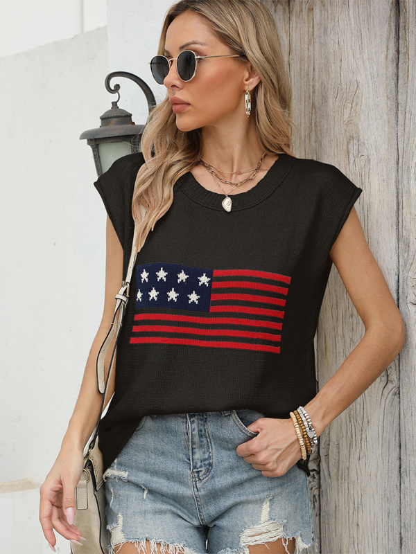 Women Independence Day Round Neck American Flag Knit Short Sleeve Sweater