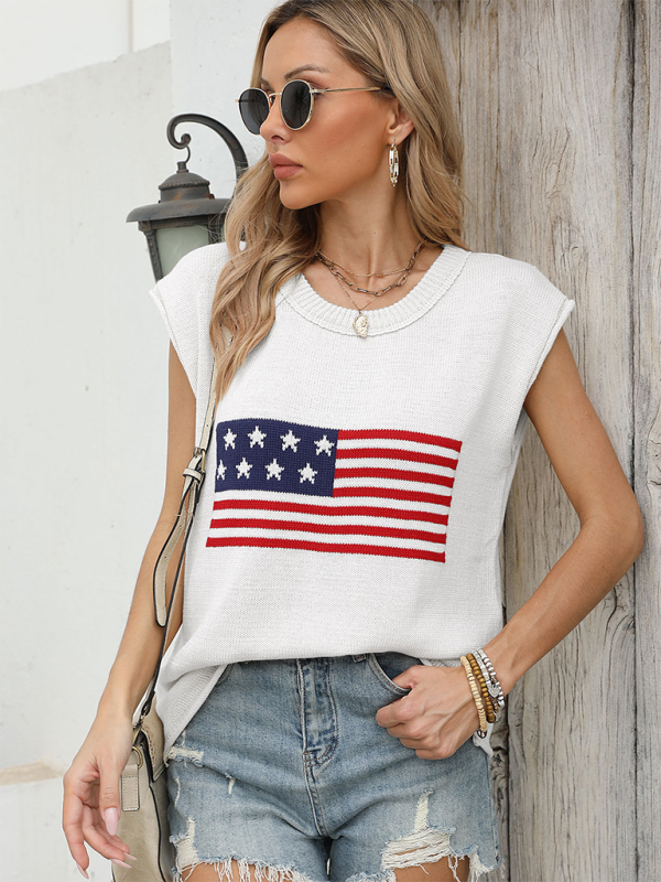 Women Independence Day Round Neck American Flag Knit Short Sleeve Sweater