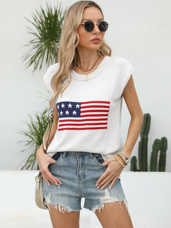 Women Independence Day Round Neck American Flag Knit Short Sleeve Sweater