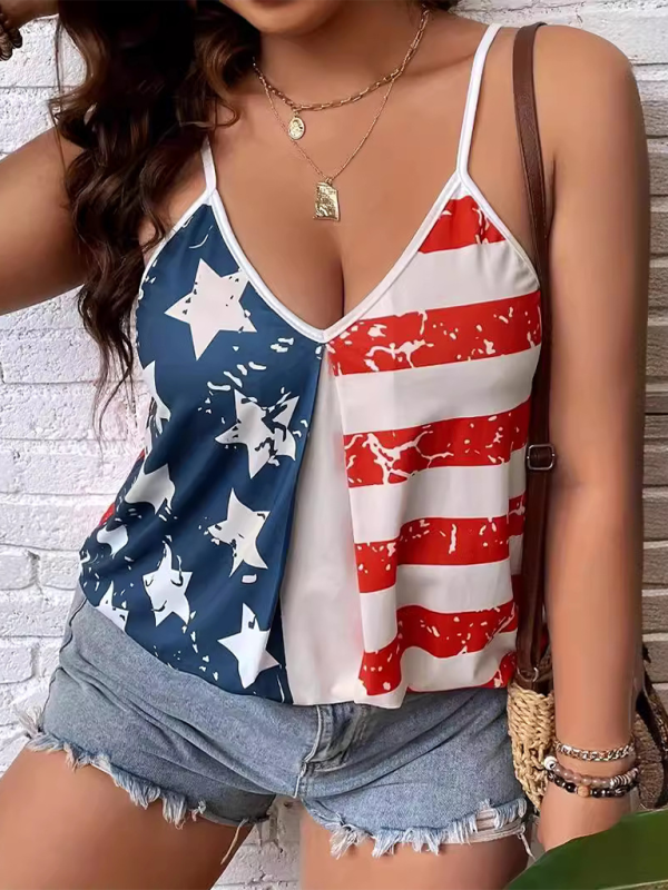 Women American Independence Day Flag Digital Print Off-The-Shoulder Tank Top