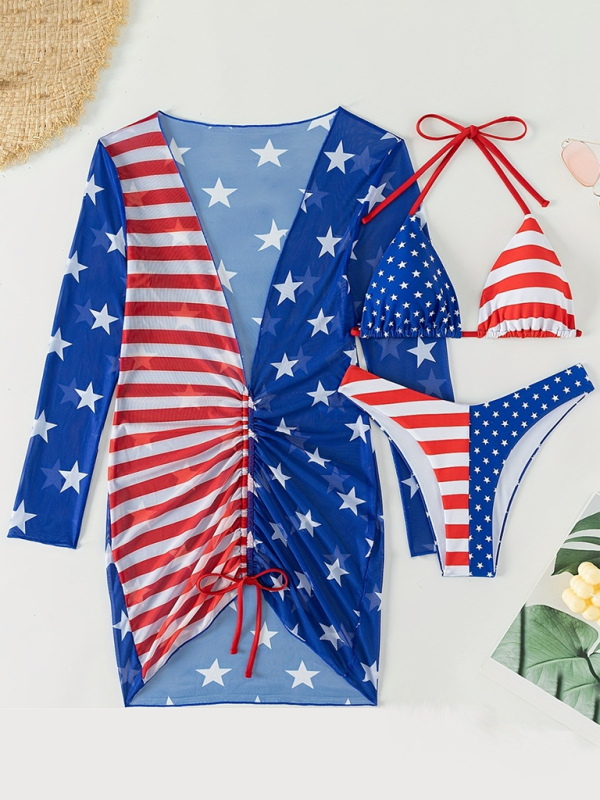 Women Swimsuit Sleeveless Halter Loose American Flag Printed Yarn Three-piece Set