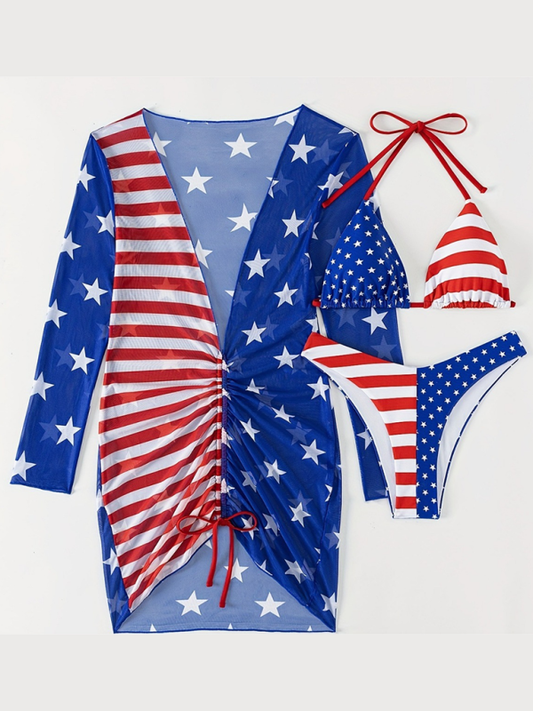 Women Swimsuit Sleeveless Halter Loose American Flag Printed Yarn Three-piece Set