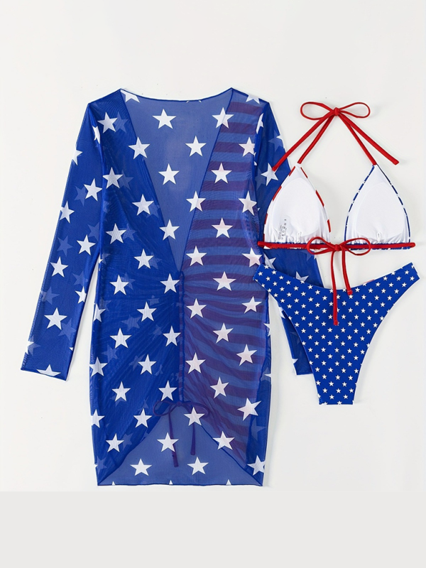 Women Swimsuit Sleeveless Halter Loose American Flag Printed Yarn Three-piece Set