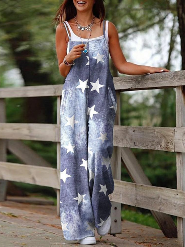 American Flag Star Print Suspender Jumpsuit