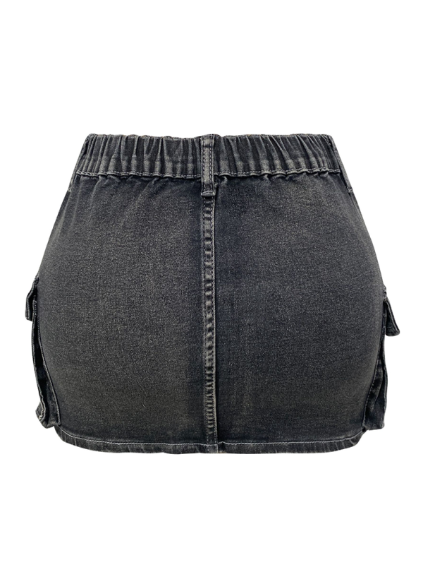 Women Denim Summer Retro Elastic Pocket hip Skirt