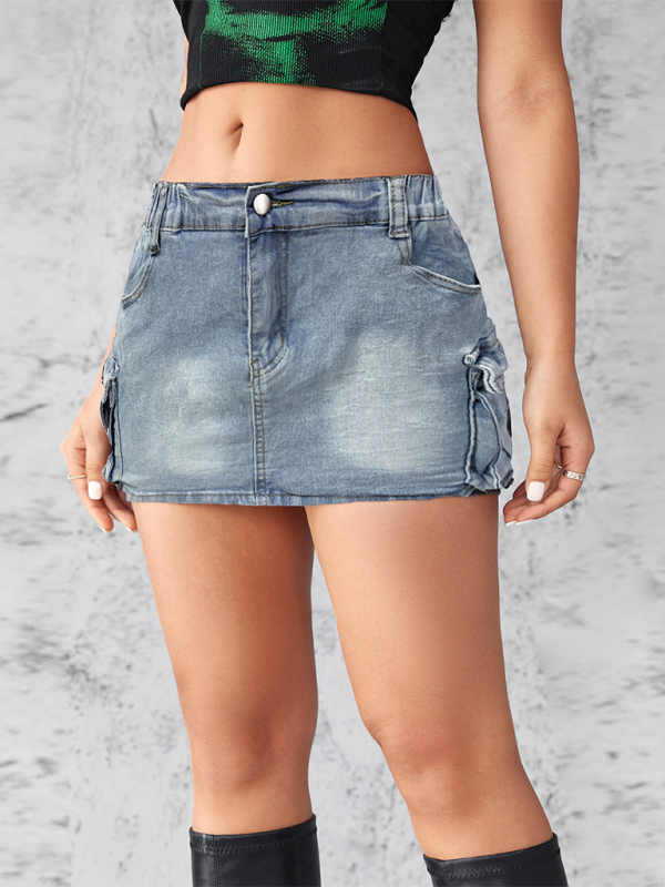 Women Denim Summer Retro Elastic Pocket hip Skirt