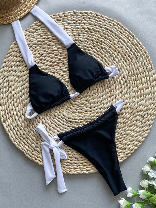 Women Halter Neck Colour matching Bikini black and white strap Triangle cup split Swimsuit