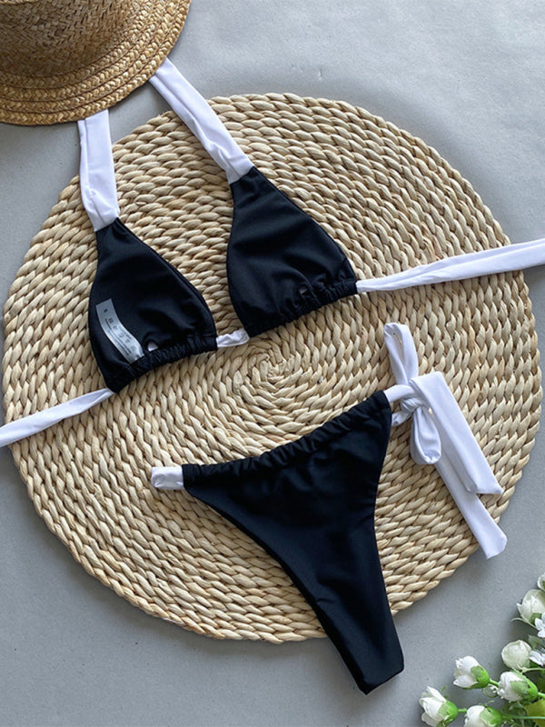 Women Halter Neck Colour matching Bikini black and white strap Triangle cup split Swimsuit