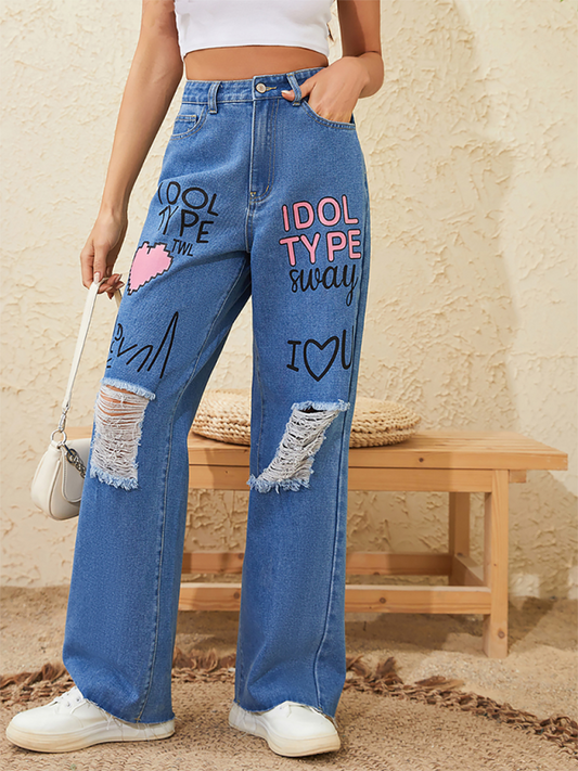 Women Pink love letter Graffiti Print Retro loose Ripped Raw Edge Denim Trousers