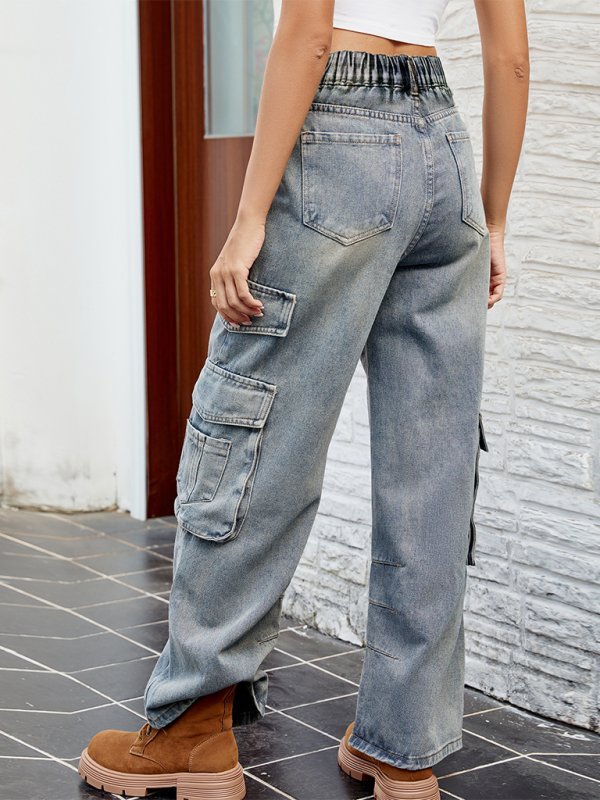 Women Washed Semi-Elasticated Loose Denim Overalls Trousers