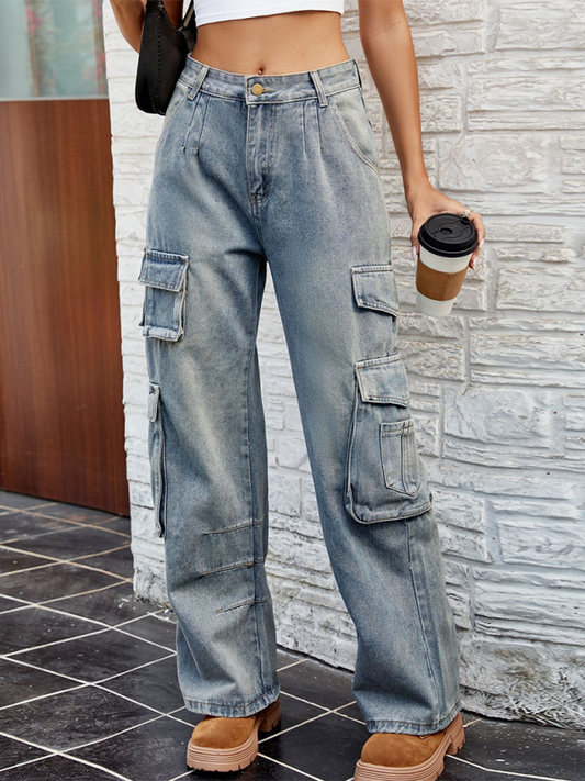 Women Washed Semi-Elasticated Loose Denim Overalls Trousers