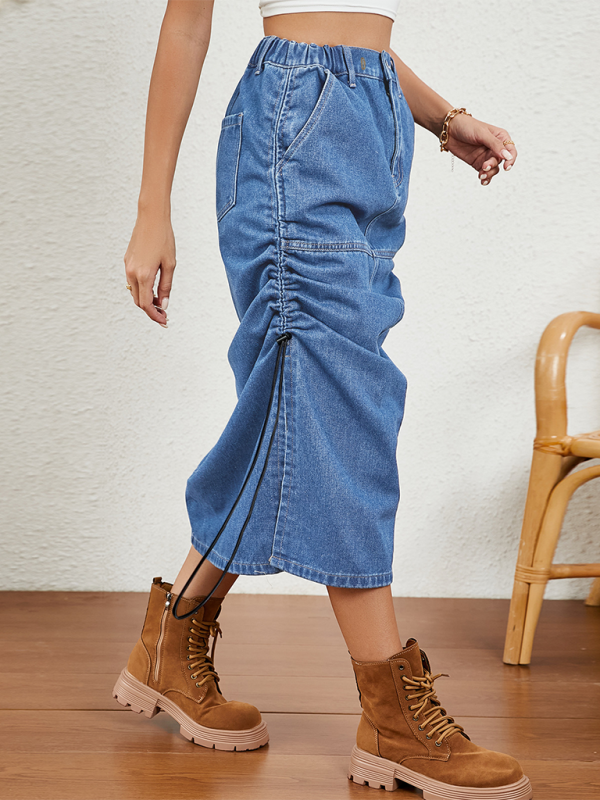 Women casual washed Elastic waist drawstring Denim midi Skirt