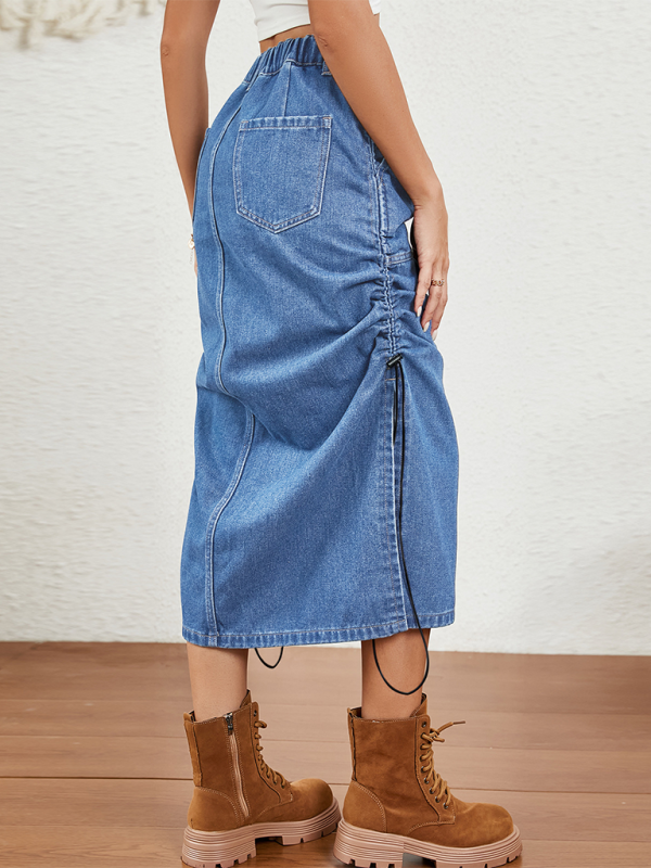 Women casual washed Elastic waist drawstring Denim midi Skirt