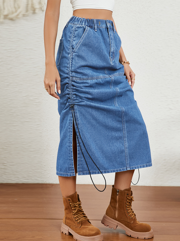 Women casual washed Elastic waist drawstring Denim midi Skirt