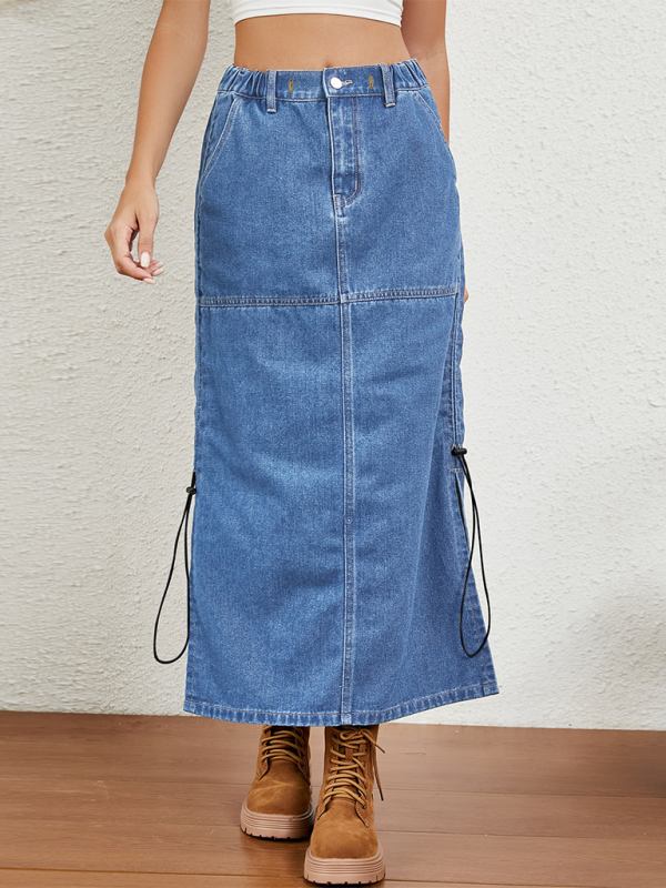 Women casual washed Elastic waist drawstring Denim midi Skirt