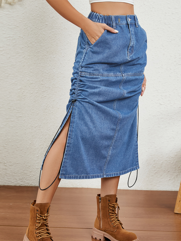 Women casual washed Elastic waist drawstring Denim midi Skirt