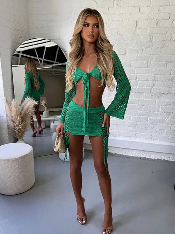 Women's Solid Colour Knitted Beach Bikini Swimsuit Cover Up Sunscreen Set