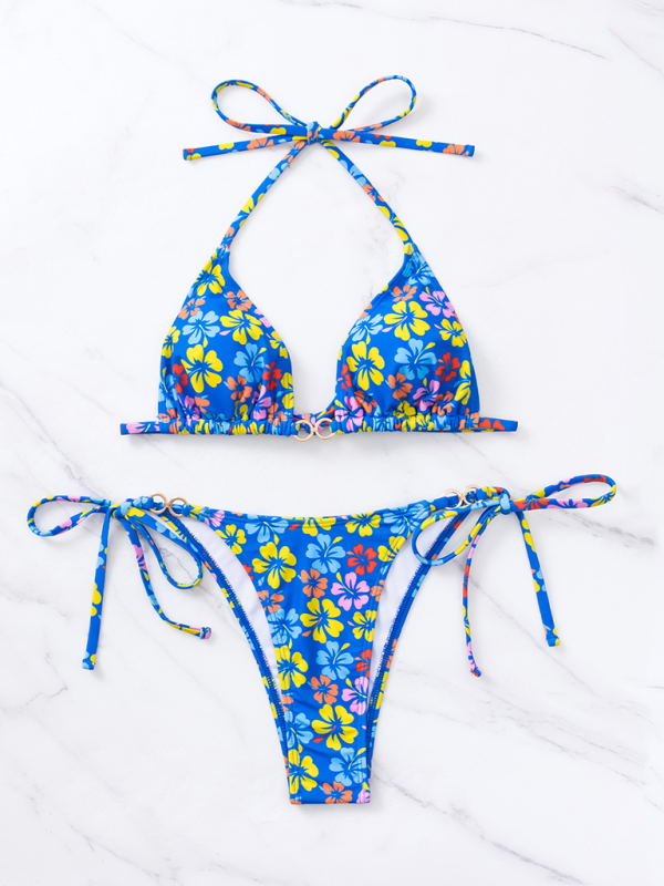 Women Triangle Cup Printed Lace-Up Bikini Swimsuit