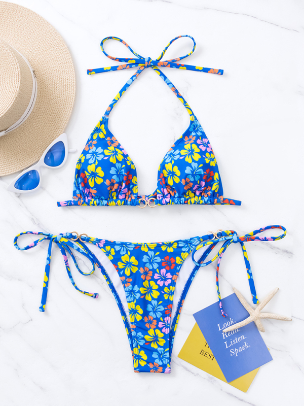 Women Triangle Cup Printed Lace-Up Bikini Swimsuit