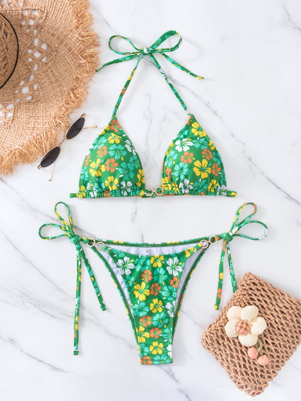 Women Triangle Cup Printed Lace-Up Bikini Swimsuit