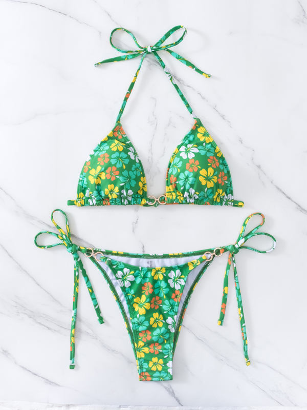 Women Triangle Cup Printed Lace-Up Bikini Swimsuit