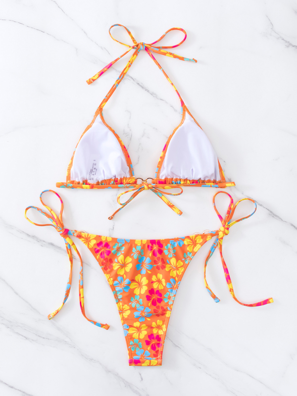 Women Triangle Cup Printed Lace-Up Bikini Swimsuit